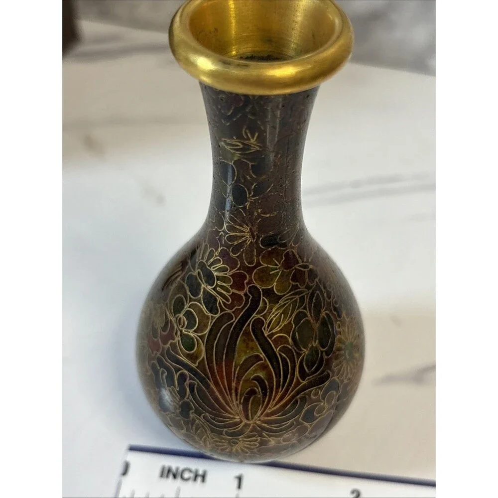 Cloisonné vase brown, burgundy, black floral 4